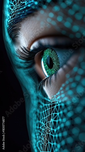 Close-up of a human eye with a digital circuit-like overlay, suggesting technology and futuristic concepts, set against a dark background.