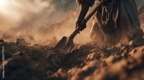 A Laborer Using a Shovel to Dig in Dusty Ground Against a Dramatic Sky in a Rural Landscape