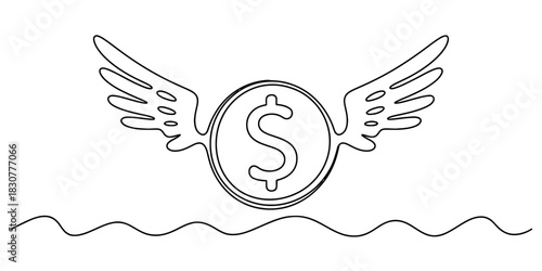 Single continuous line art drawing of a dollar sign coin with bird wings in flight above a wavy line, symbolizing finance, economy, wealth concept Vector, illustration