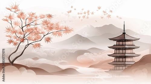 An artistic illustration of a traditional Japanese pagoda and a maple tree in a serene, misty landscape.