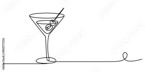 Continuous one line art drawing of a classic martini cocktail beverage in a stemmed glass with two olives on a pick, minimalist design style Vector, illustration