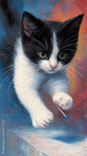 A black and white kitten reaching for a small light in a colorful, abstract background. The kitten appears curious and playful.