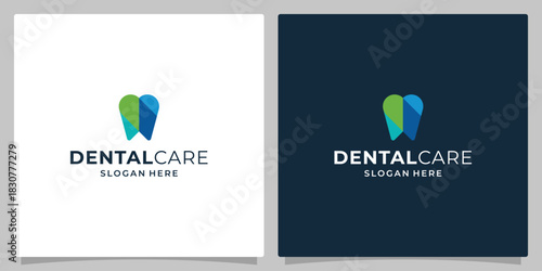 Modern Dental Logo Design with Green and Blue Geometric Tooth Icon.