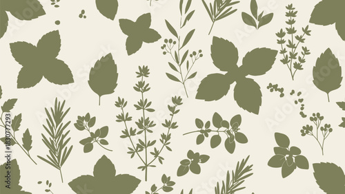 Elegant herbal pattern perfect for culinary projects, featuring fresh mint, rosemary, basil, and thyme for a delightful touch, bringing nature indoors
