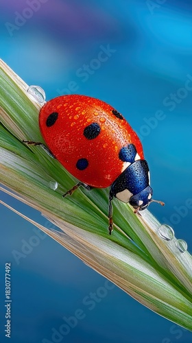 A close-up macro shot of a ladybug covered in water droplets resting on a blade of grass against a blurred blue background.