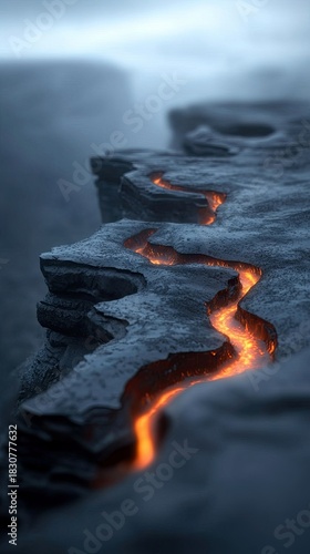 A close-up of a rocky cliff with a glowing lava flow cutting through it, set against a misty, moody backdrop.