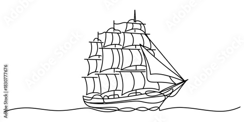 Minimalist continuous line drawing of a majestic tall ship sailing on a calm ocean, embodying freedom, adventure, maritime heritage concept. Vector, illustration