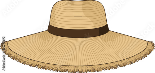 Wide-Brimmed Straw Beach Hat Vector Illustration, Featuring Fringed Edges and a Dark Ribbon, Representing Summer Vacation, Resort Fashion, and Sun Protection.