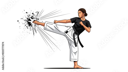 Strong Woman Practicing Martial Arts Karate Kick Breaking Through