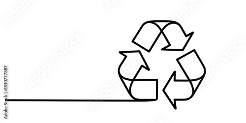 Continuous line art drawing of the universal recycle symbol, representing environmental responsibility, sustainability, and eco-friendly practices. Vector, illustration