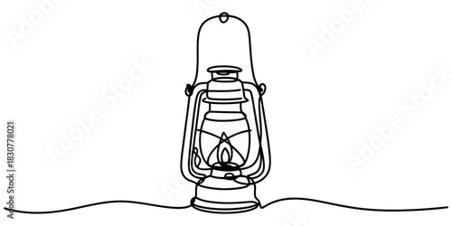 Continuous one line drawing style minimal art of a vintage camping kerosene lantern with a lit flame for light on a simple wavy surface Vector, illustration