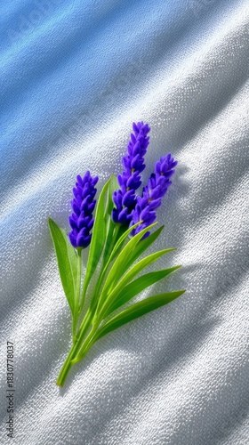 Close-up of lavender flowers with green leaves on a white textured fabric with a blue gradient background.