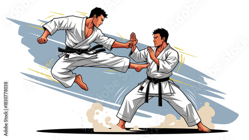 Karate Sparring Two Men in White Gi Practicing Martial Arts