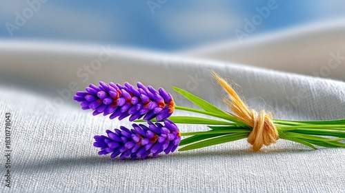 Close-up of lavender flowers tied together with twine, resting on a white fabric with a blurred blue sky background.