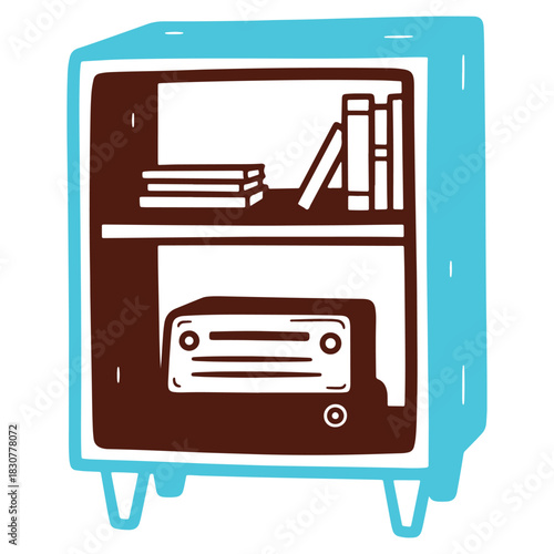 Stylized blue bookshelf with books and electronics simple graphic illustration home interior design