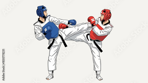 Taekwondo Sparring Two Athletes in Combat Martial Arts Competition Illustration