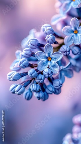 Close-up of a cluster of lilac flowers in full bloom, showcasing delicate petals and buds against a soft, blurred background.