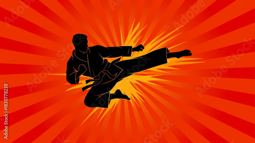 Dynamic Karate Kick Silhouette with Explosive Background