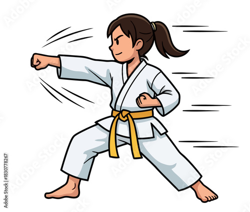Determined Cartoon Girl Practicing Martial Arts Punch for Self Defense