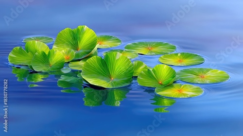 Close-up of vibrant green lily pads floating on a blue water surface, with reflections creating a serene and natural scene under the sunlight.