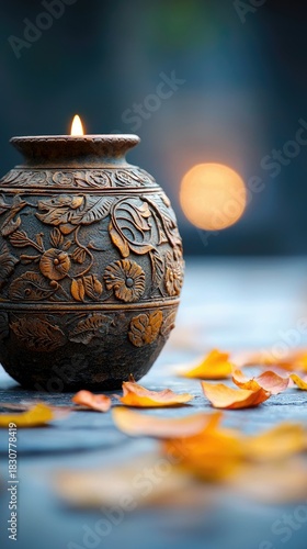 A lit candle sits in a carved vase, surrounded by autumn leaves, with soft, ambient lighting.
