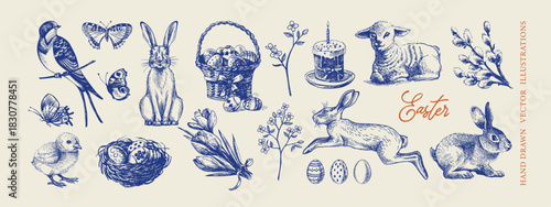Vintage Easter hand drawn set. Greeting cards and invitation design. Retro sketch vector illustration