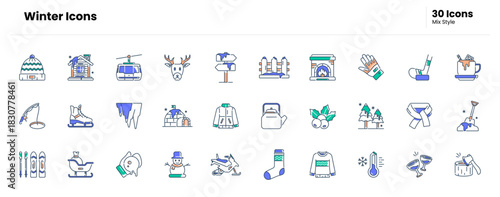 Winter icon set. cold, snow, ice, frozen, cozy, holiday, season, frost, chill, festive, sport. Vector Icon Illustration