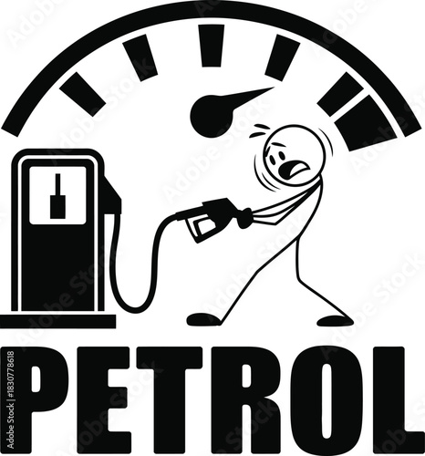 Worried stick figure, gas pump, empty fuel gauge, high petrol.