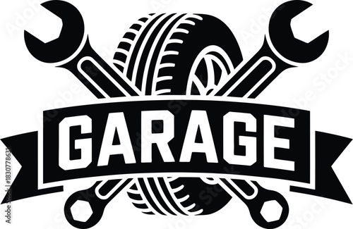 Garage service auto repair workshop tools tire emblem logo design