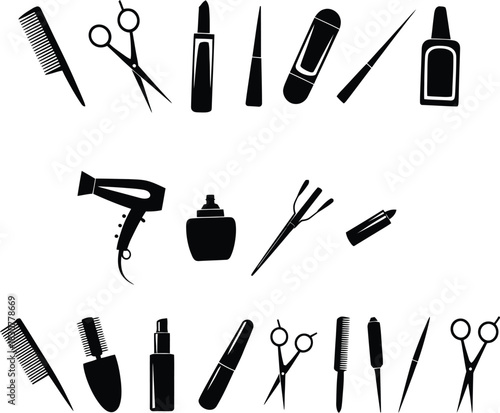 Beauty salon and makeup tools icons set. hairdressing cosmetics