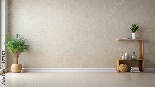 Wallpaper Mural Minimalist Interior Design Featuring a Light Beige Wall and Wooden Shelving Unit Torontodigital.ca