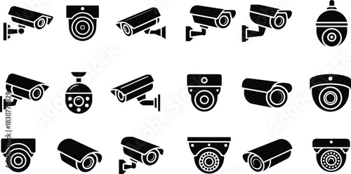 Security camera icon set for surveillance and protection system
