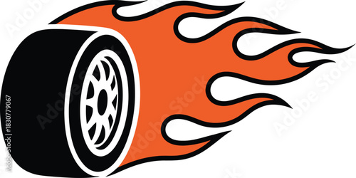 Hot rod flaming racing tire wheel vector graphic design element