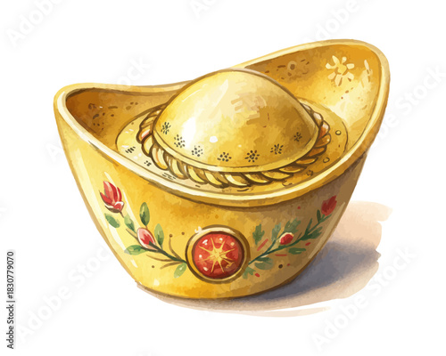 Chinese Gold Ingot Watercolor isolated on white background