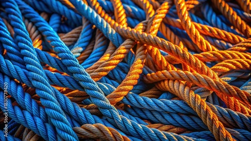 Intricate Tapestry of Sun-Drenched Blue and Amber Ropes, a Textured Study in Contrasting Hues and Intertwined Strands