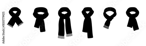 A collection of black silhouette scarf icons, showcasing various ways to wear and tie scarves