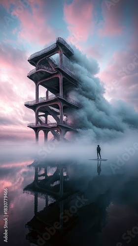 A lone man stands on a platform in front of a surreal tower structure, shrouded in mist with a dramatic sky.