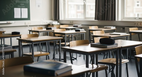 Students' desks and chairs inside a classroom setting with natural light and a chalkboard background. Interior shot of a school for education.