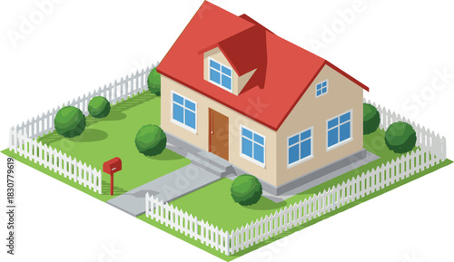 Isometric House Vector Illustration, Featuring a Detached Home with Red Roof, White Picket Fence, Lawn, Bushes, and Mailbox for Real Estate and Property Concept.