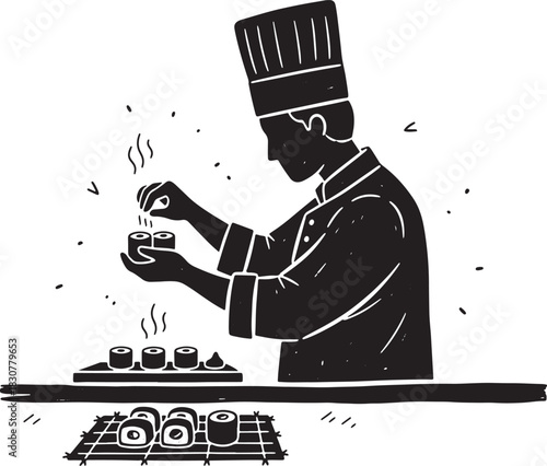 Silhouette of chef preparing sushi on table illustration black and white