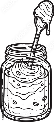 Vector drawing of a glass jar filled with honey and spoon