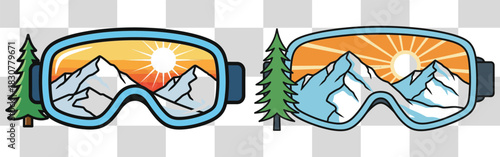 Ski goggles reflecting a mountain landscape with a bright sun and a pine tree on a clear day outdoors