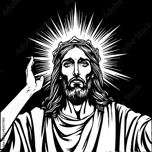 Strong-contrast black-ink portrayal of Jesus Christ in a front view with arms extended upwards, a radiant halo surrounding his head, and light beams emanating from behind him, rendered in a detailed w