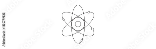 Continuous one line drawing of an atom model with electrons orbiting the nucleus. Concept of science and physics