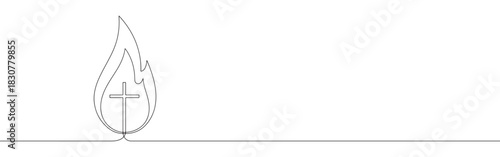 Continuous one line drawing of Christian cross in flame. Concept of Holy Spirit and Pentecost