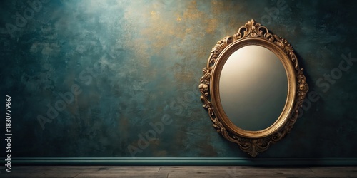 An ornate oval mirror with gilded frame hangs on a dark teal textured wall, reflecting a soft, ambient light.