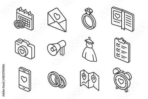 Isometric wedding icons set featuring rings, calendar, and camera.