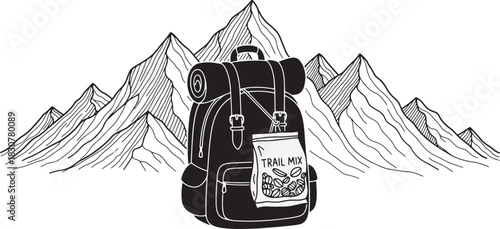 Adventure Awaits Black and White Hiking Scene with Backpack and Mountains