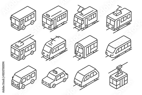 Isometric line drawings of urban public transportation vehicles.