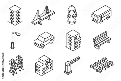 Isometric icons of urban infrastructure elements.
